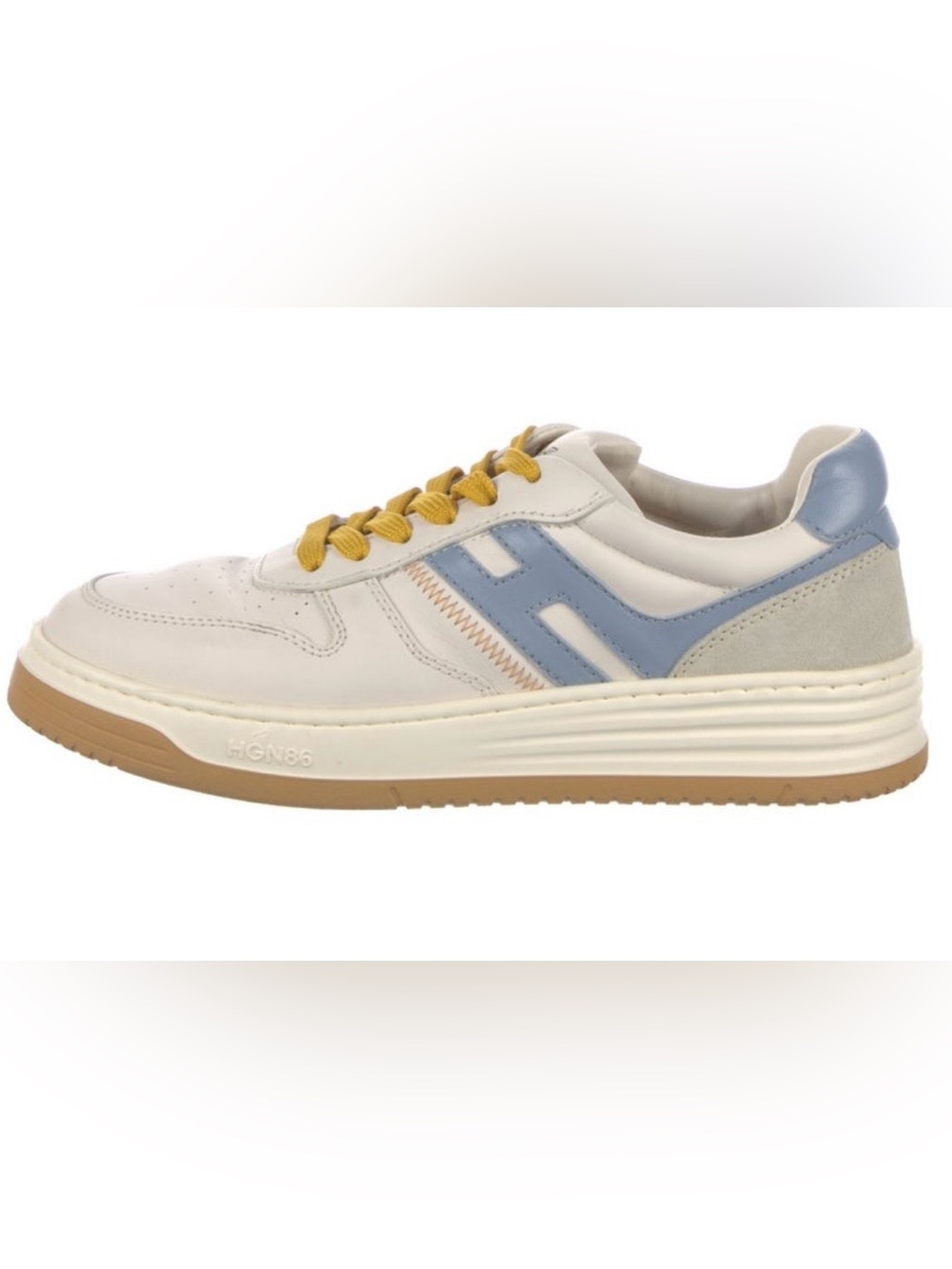 HOGAN White Leather Sneakers with Blue H Accent and Mustard Laces